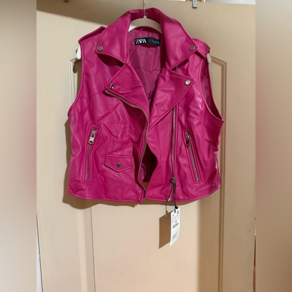 Zara Jackets & Blazers - Zara Hot Pink Faux Leather Biker Vest